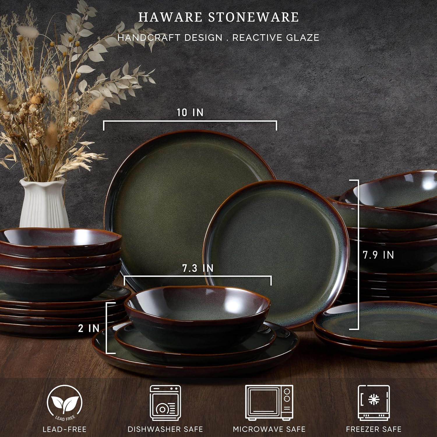 HaWare Dinnerware Sets, 24-Piece Stoneware Plates and Bowls Set, Dish Set for 8, Ceramic Dishware for Home Restaurant, Chip and Scratch Resistant, Microwave and Dishwasher Safe, Reactive Moss Green