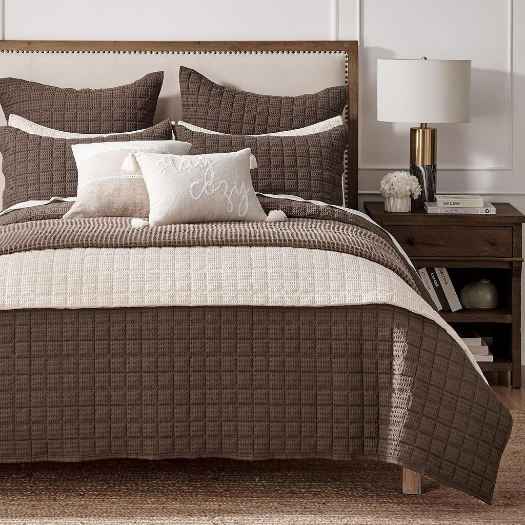 Levtex Home Cloud Waffle Full/Queen Quilt Set (88x92in) and 2 Pillow Shams (26x20in) - Box Quilted Waffle Texture - Cocoa - Cotton Full/Queen Size Quilt Bedding Set - Lightweight Soft Pre-Washed | Textured