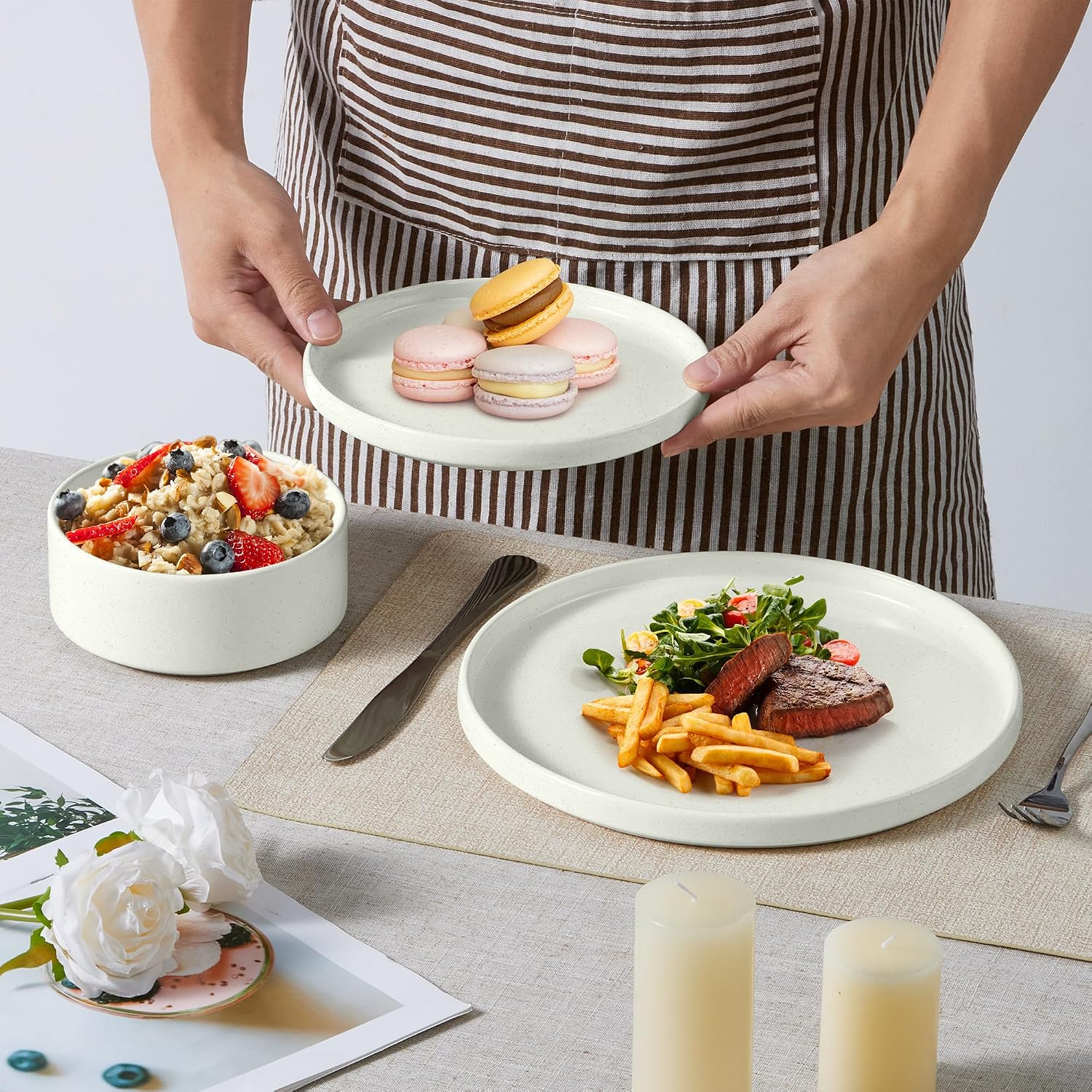 E-far Dinnerware Sets with Pasta Bowls, 24-Piece Stoneware Plates and Bowls Sets for 6 | Microwave & Dishwasher Safe Kitchen Modern Dish Set, Speckled White