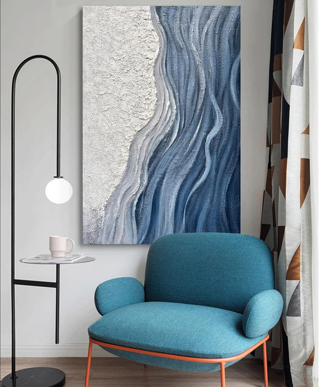 Art 60x40 inches Hand-Painted Blue and White Textured Art Oil Painting - Modern Abstract sea Wave Landscape Art - Large Wall Decoration Suitable for Home Office Decoration