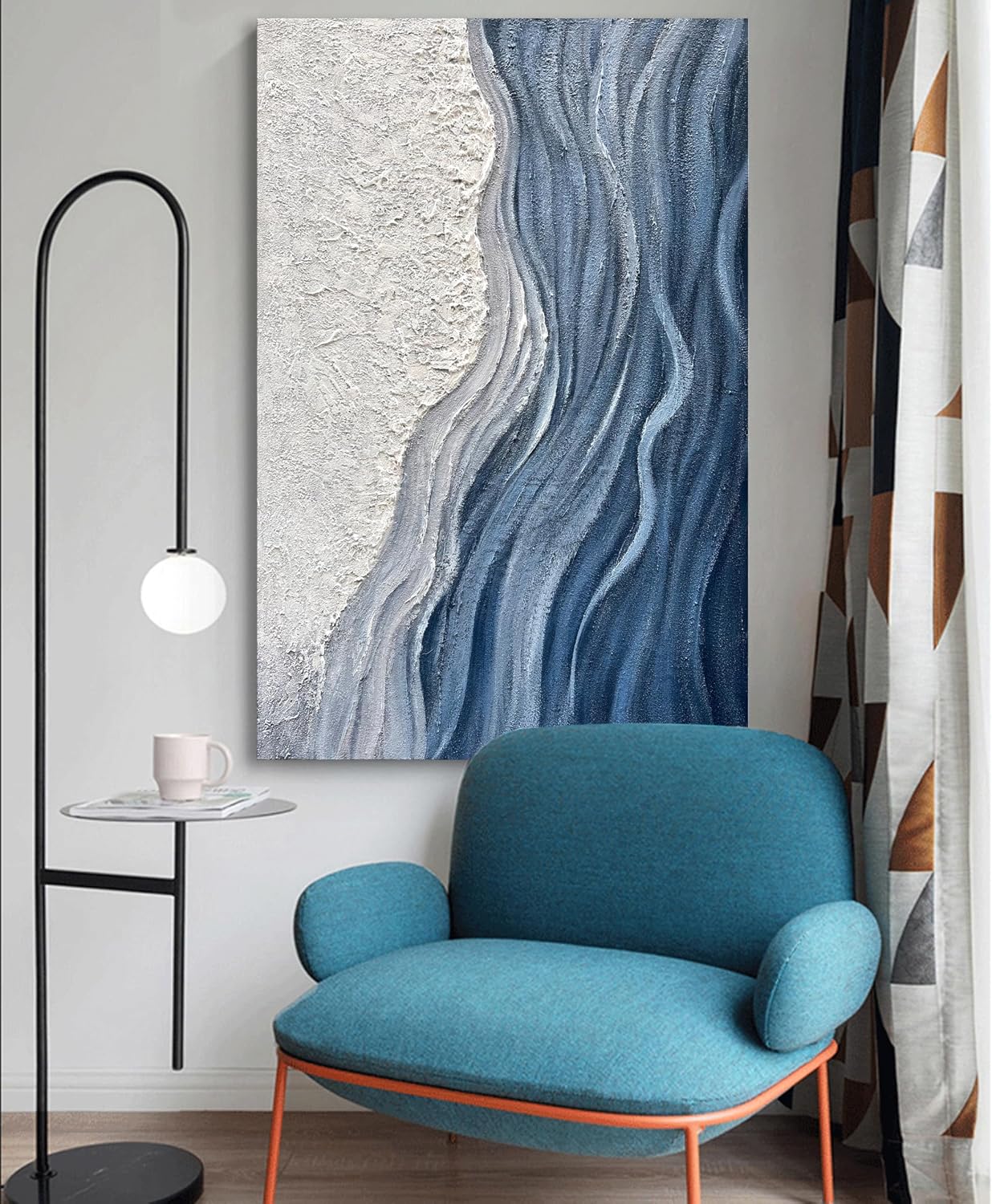 Art 60x40 inches Hand-Painted Blue and White Textured Art Oil Painting - Modern Abstract sea Wave Landscape Art - Large Wall Decoration Suitable for Home Office Decoration