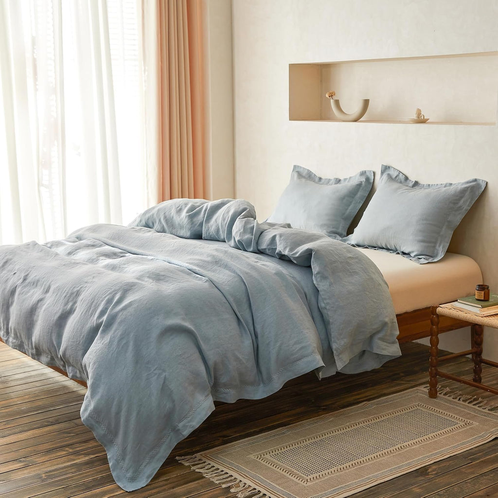 Simple&Opulence 100% Linen Duvet Cover Set with Crossed Embroidery Washed - 3 Pieces (1 Duvet Cover with 2 Pillow Shams) Soft Breathable Farmhouse - Dusty Blue, King Size