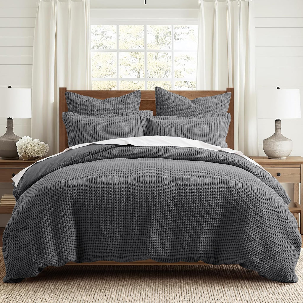 Levtex Home Mills Waffle King Duvet Cover Set (106x94in) with 2 Pillow Shams (36x20in) - Charcoal - Cotton King Size Duvet Cover Set - Soft, Pre-Washed