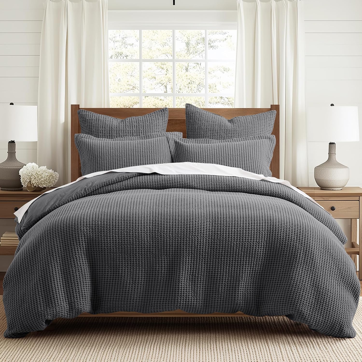 Levtex Home Mills Waffle King Duvet Cover Set (106x94in) with 2 Pillow Shams (36x20in) - Charcoal - Cotton King Size Duvet Cover Set - Soft, Pre-Washed