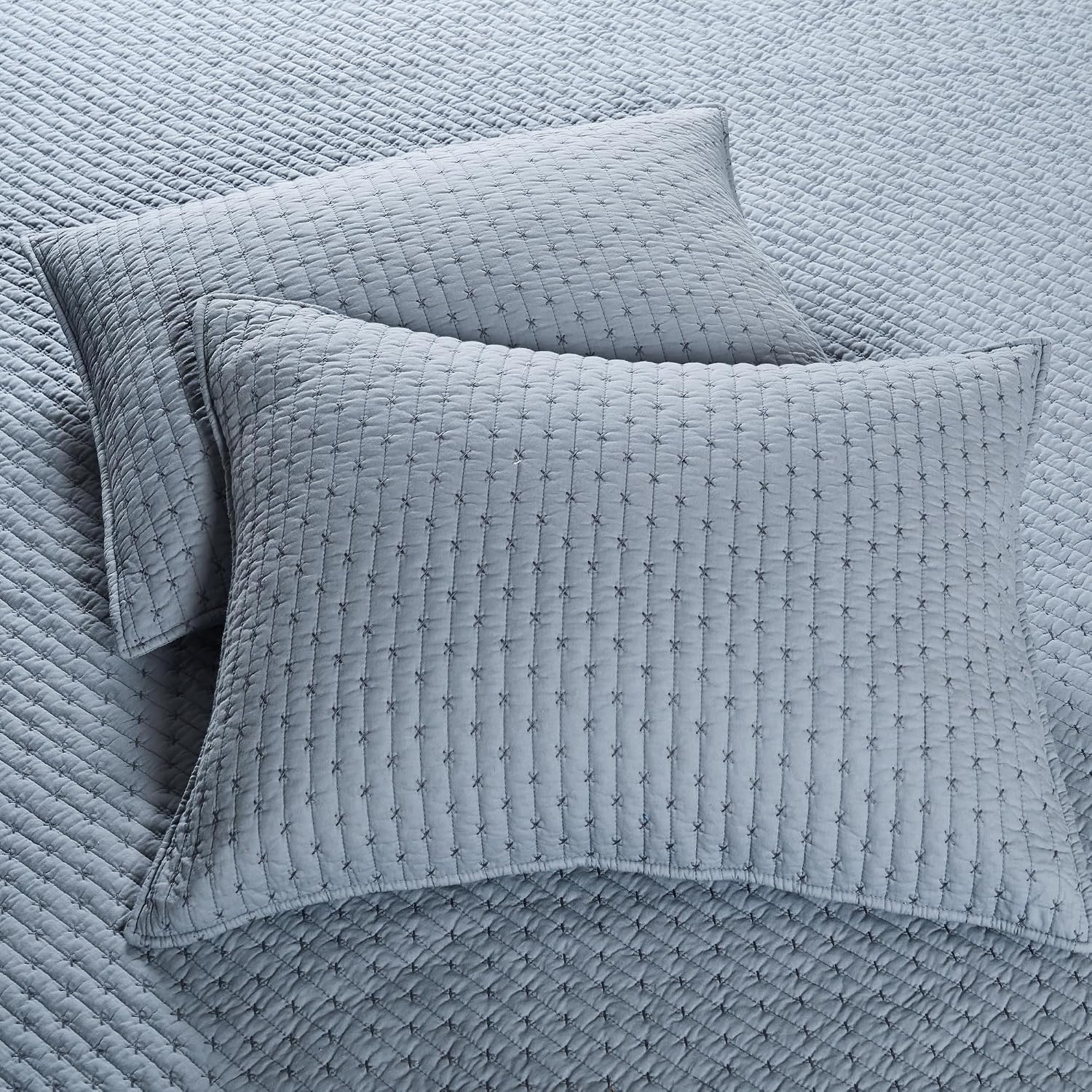 Levtex Home - Cross Stitch Chambray Quilt Set - Full/Queen Quilt + Two Standard Pillow Shams - Cross Stitched Pattern - Quilt Size (88x92in) and Pillow Sham Size (26x20in) - Reversible - Cotton Fabric