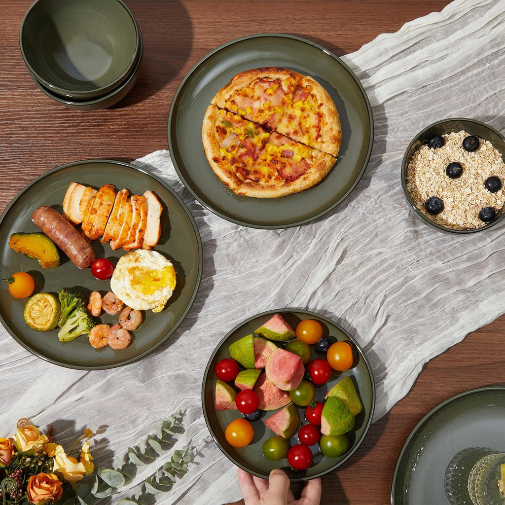 Pokini 18 Piece Dinnerware Set for 6, Reactive Glaze Terracotta Plates and Bowls Set, Large Family-Sized Stoneware Dish Set for Gatherings, Chip and Scratch Resistant, Blackish Green