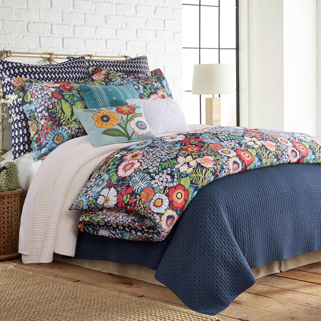 Levtex Home - Night Garden Duvet Set - Full/Queen Duvet Cover (90x94in.) and 2 Standard Shams (20x26in.) - Floral Design - Reversible Geometric Back - Cotton Front and Back - Button Closure