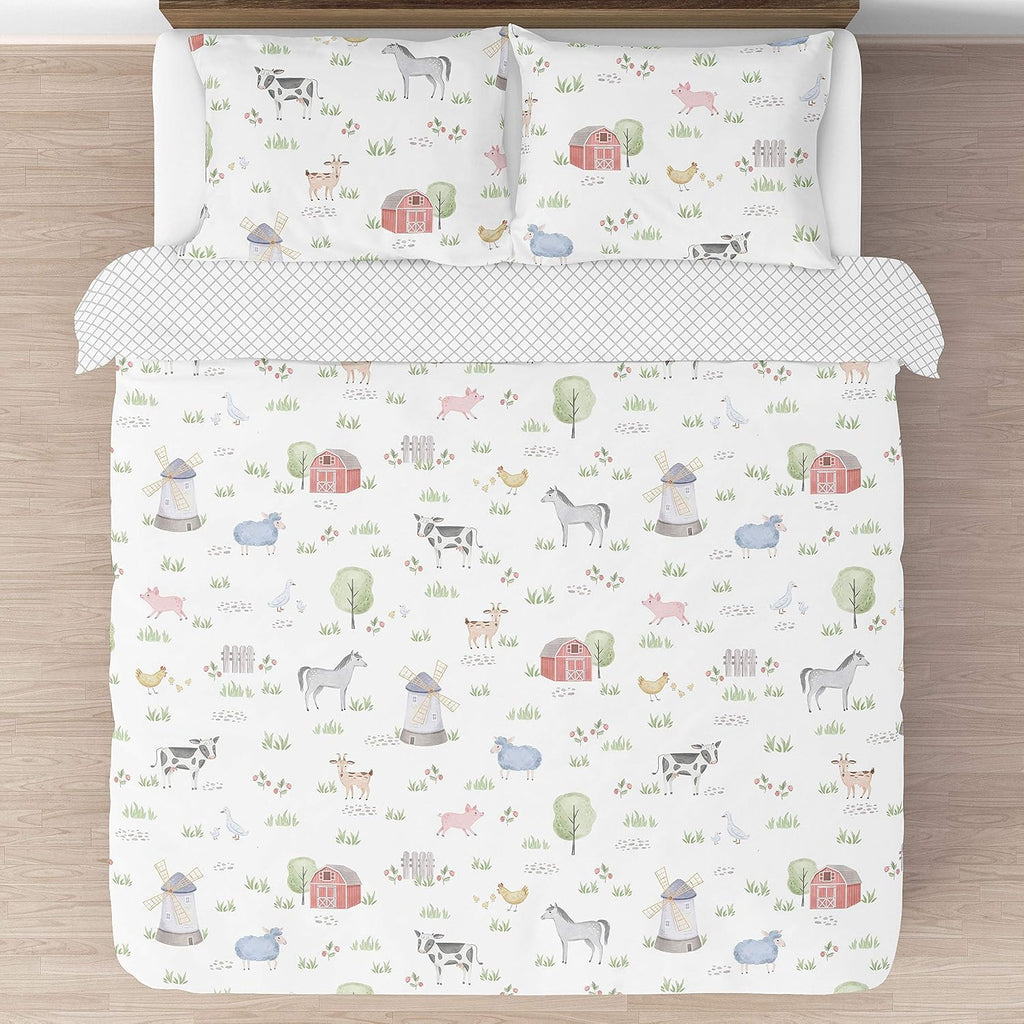 Sweet Jojo Designs Farm Animals Boy Girl Full/Queen Size Kid Childrens Bedding Comforter Set - 3 Pieces - Watercolor Farmhouse Lattice Horse Cow Sheep Pig