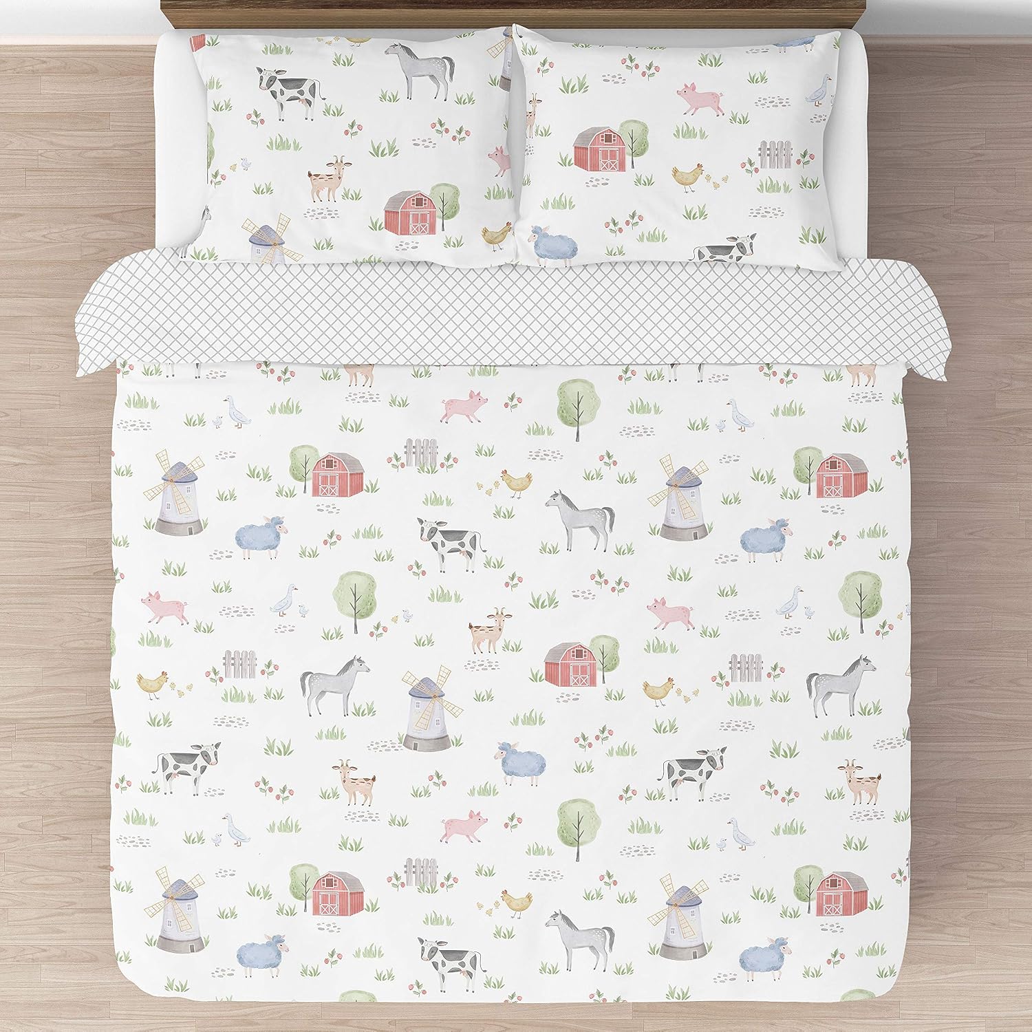 Sweet Jojo Designs Farm Animals Boy Girl Full/Queen Size Kid Childrens Bedding Comforter Set - 3 Pieces - Watercolor Farmhouse Lattice Horse Cow Sheep Pig