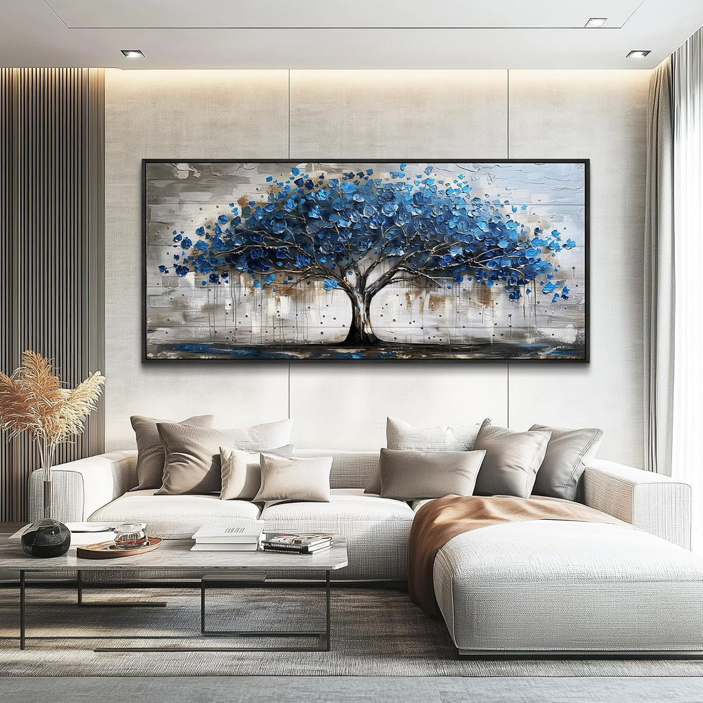 Lapremoly Framed Wall Art For Living Room Tree of Life Canvas Prints Extra Large Wall Decorations Blue Artwork For Walls Forest Pictures Abstract Paintings for Bedroom Office Modern Home Decor 32X72