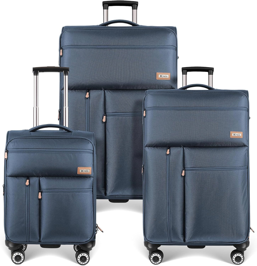 3-Piece Luggage Set (20/26/30 Inch)-Expandable 20% Luggage Set with Front Open Pocket,Lightweight Durable Soft Suitcase Sets w/Double Spinner Wheels &TSA LOCK,Navy