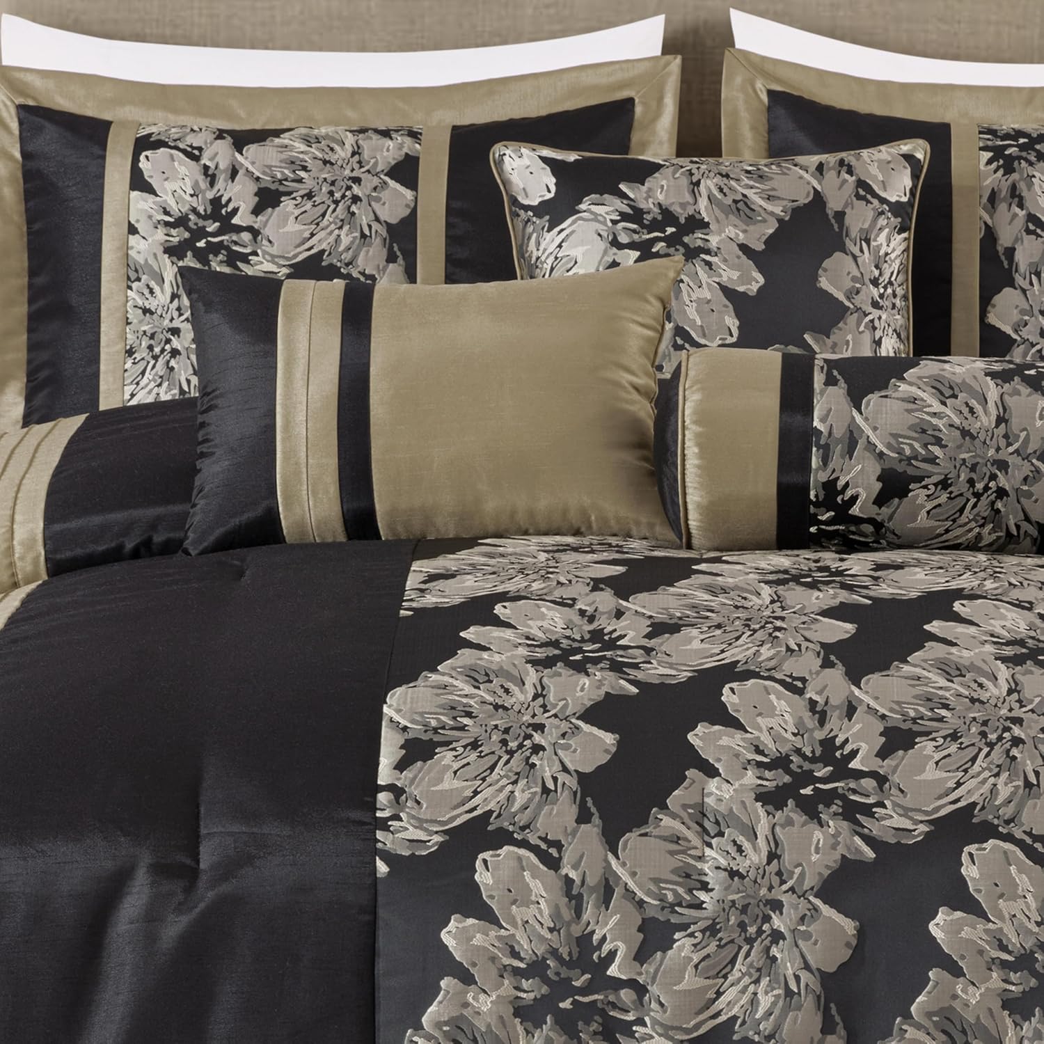 Chezmoi Collection Kelsey Comforter Set Oversized King Size, 7-Piece Black Gold Hibiscus Floral Jacquard Bedding Set