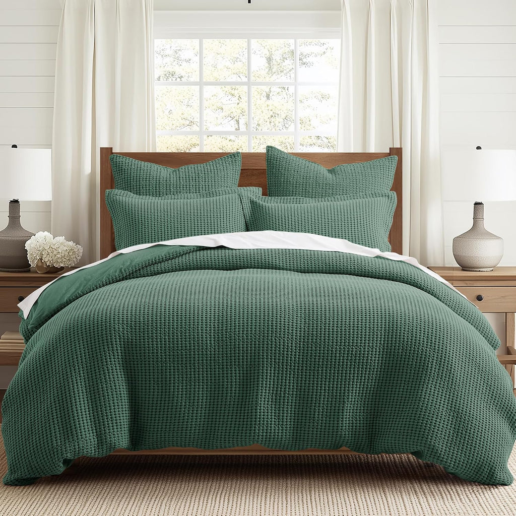 Levtex Home Mills Waffle King Duvet Cover Set (106x94in) with 2 Pillow Shams (36x20in) - Forest Green - Cotton King Size Duvet Cover Set - Soft, Pre-Washed