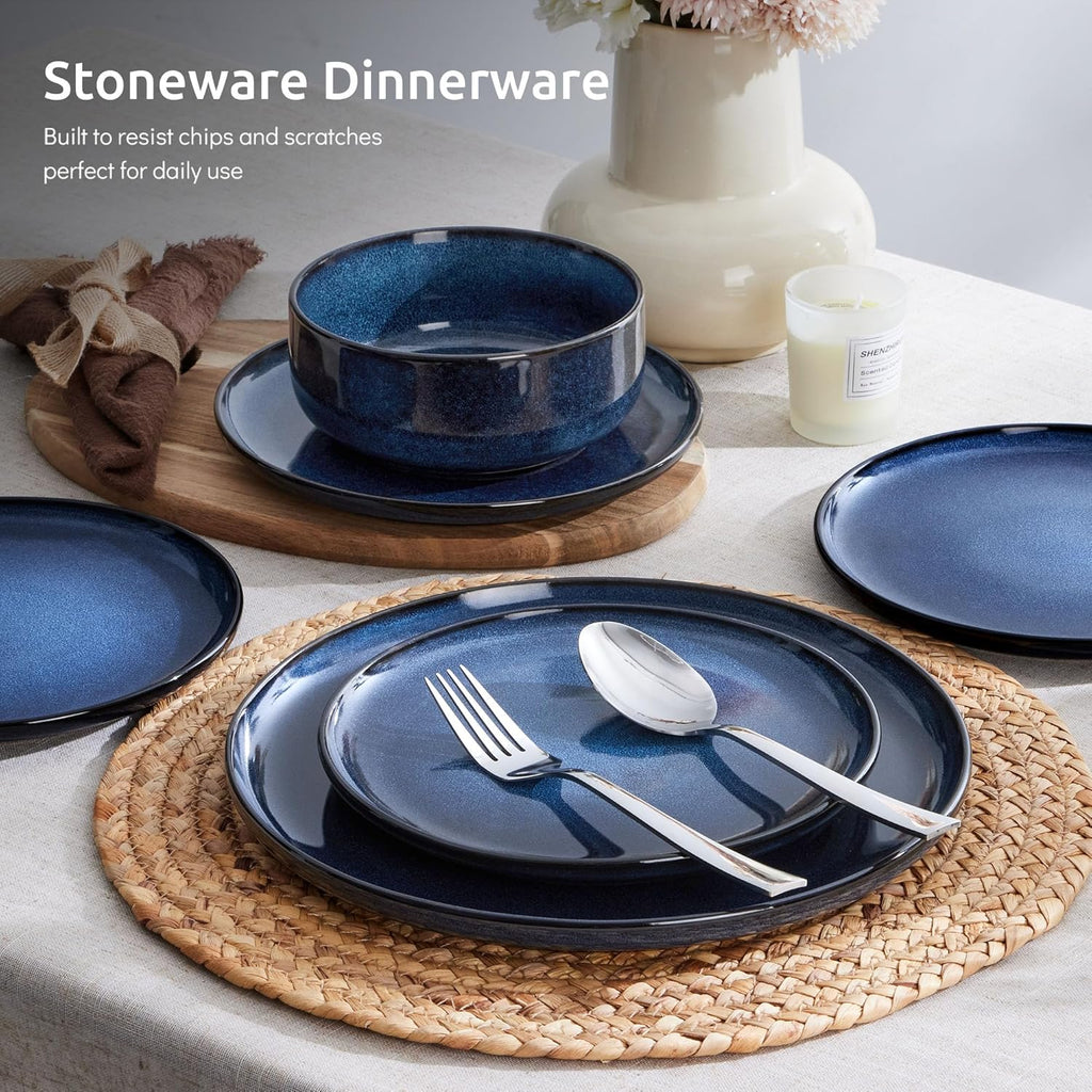 E-far Dinnerware Sets for 8, 24-Piece Stoneware Plates and Bowls Set, Ceramic Dishes Reactive Glaze Dinning Ware, Microwave & Dishwasher Safe - Deep Sea Blue