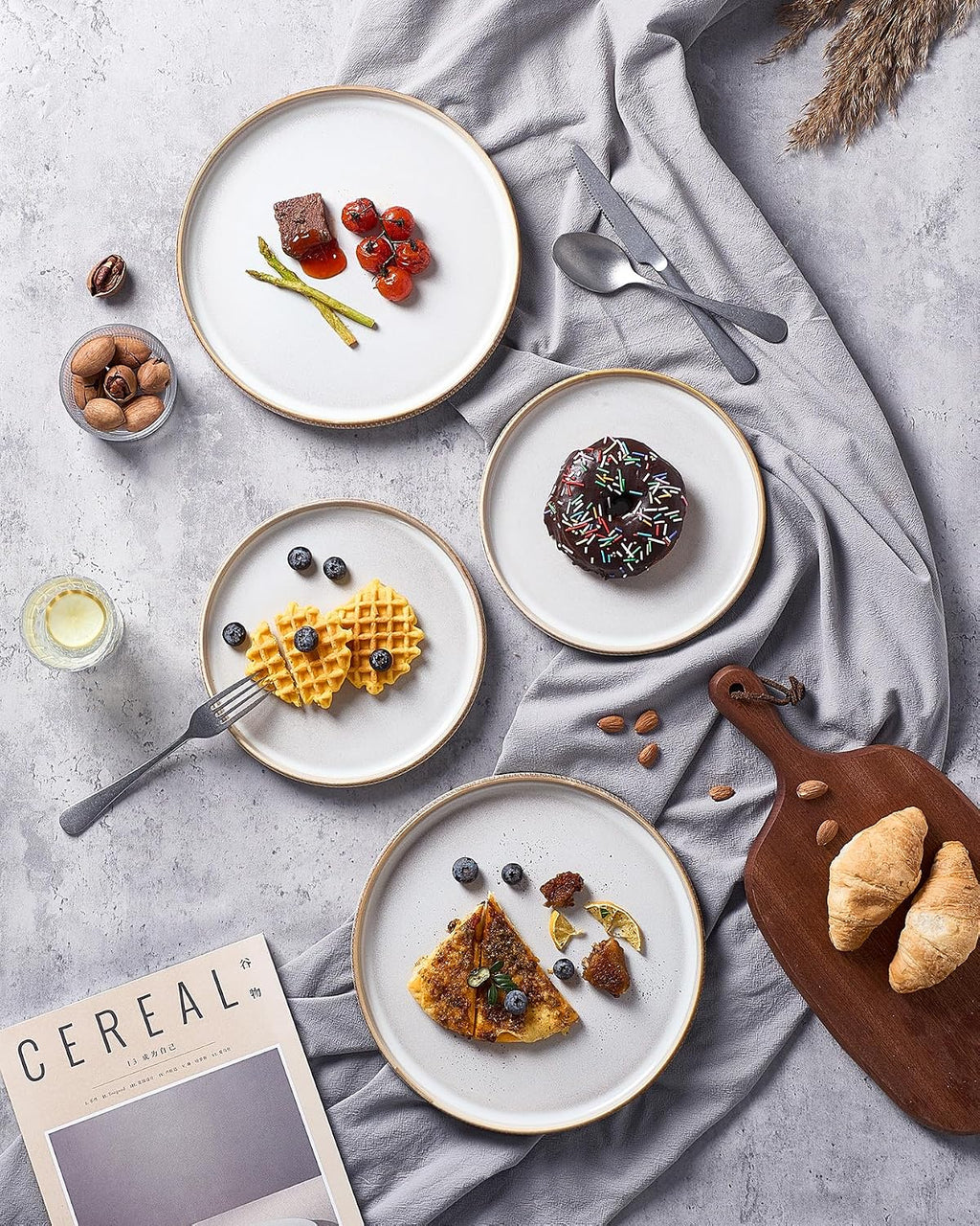 famiware Star Dinner Plates for 6, 10 inches Plate Set, Scratch Resistant, Stoneware Dinnerware, Kitchen Modern Rustic Serving Dishes, Cappuccino White (Pack of 3)