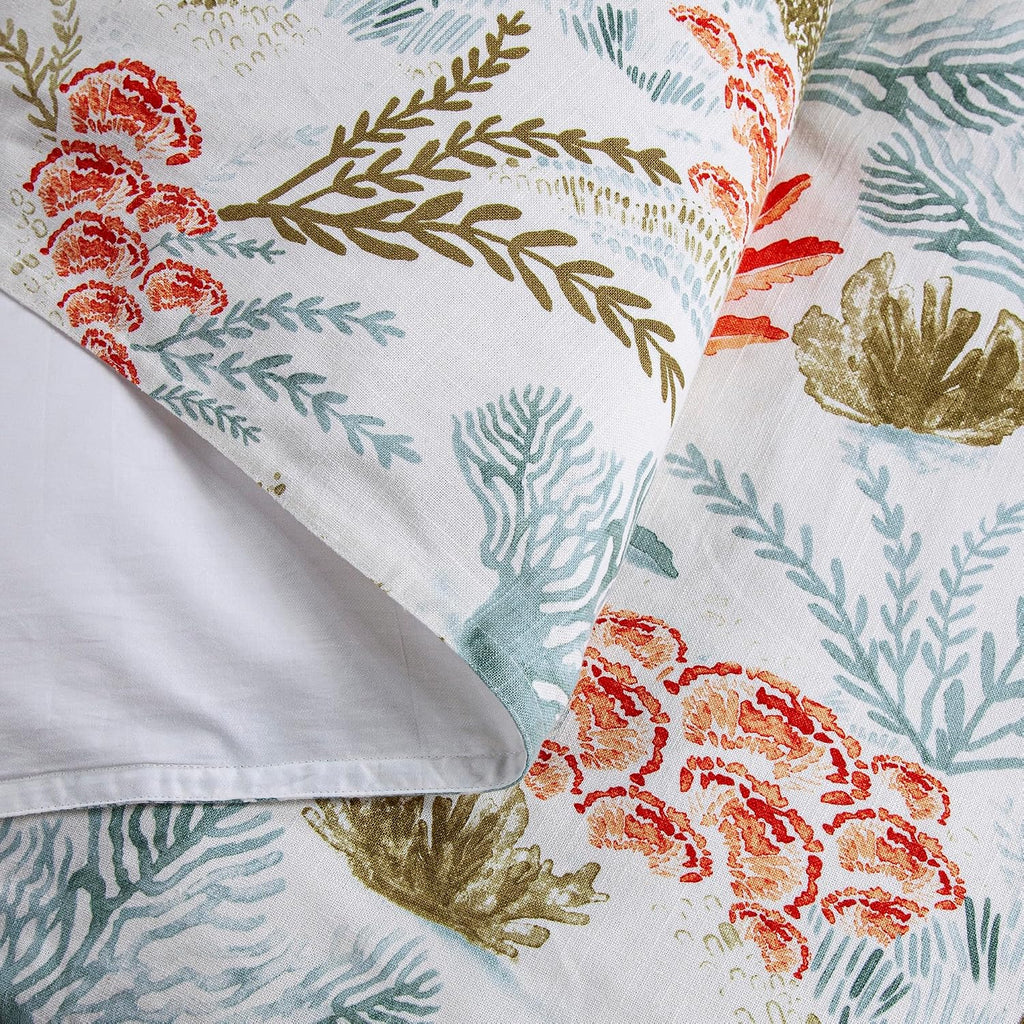 Hiend Accents Oceania Coastal Bedding 3 Piece Queen Comforter Set, Blue Green White Red Coral Print Linen Blend Bedding Set, Classic Chic Casual Bed Set, 1 Comforter and 2 Pillow Shams
