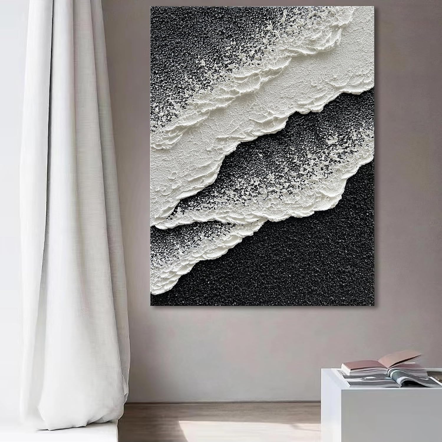NANKAI Hand Painted Beach Wave Landscape Oil Painting Black and White Abstract Canvas Art Home Office Wall Deco Art Painting 28x40 inches