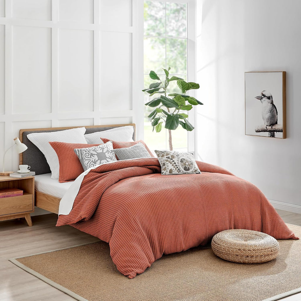 Levtex Home Mills Waffle Adobe Bed Linen Set - King Duvet Cover, 2 Pillow Cases - Cotton, 106 x 94in. Duvet, 36 x 20in. Pillow Cases