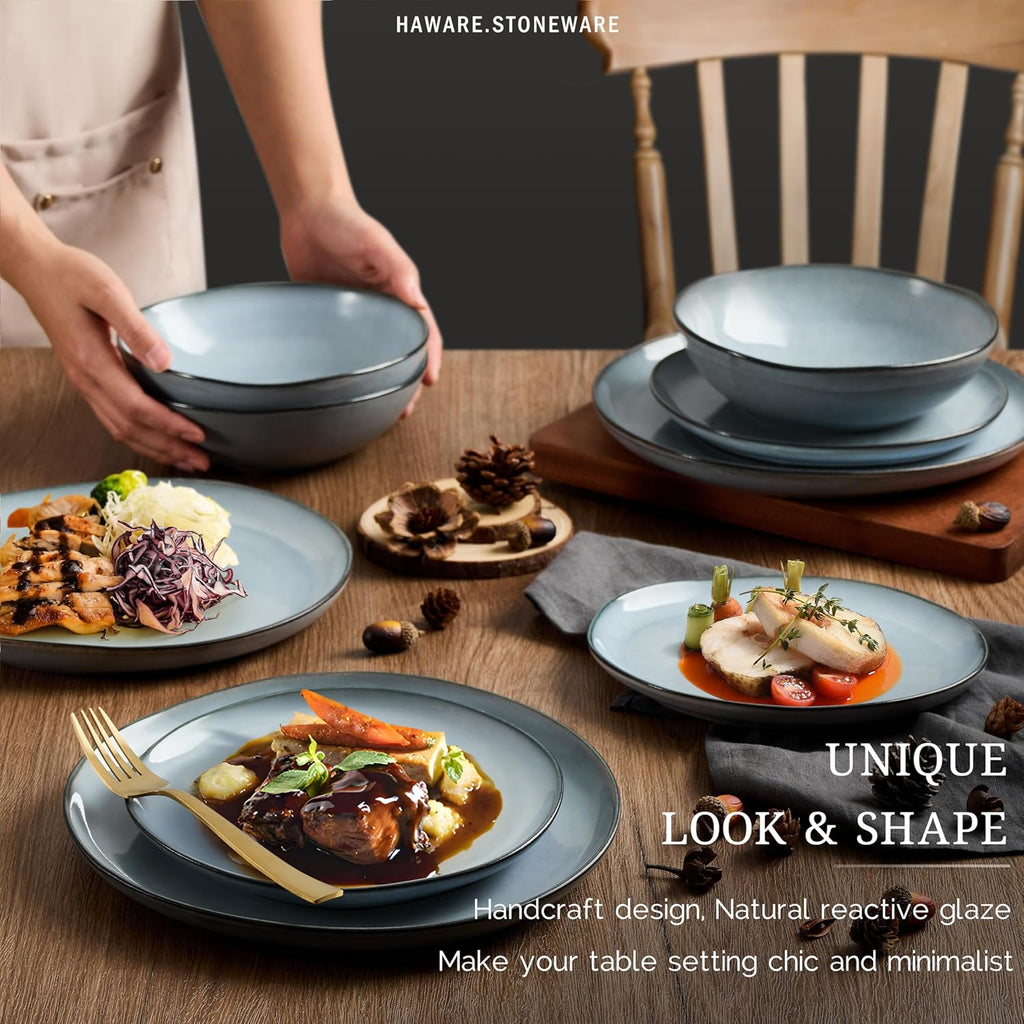 HaWare Dinnerware Sets, 24-Piece Stoneware Plates and Bowls Set, Dish Set for 8, Ceramic Dishware for Home Restaurant, Chip and Scratch Resistant, Microwave and Dishwasher Safe, Reactive Foggy Blue
