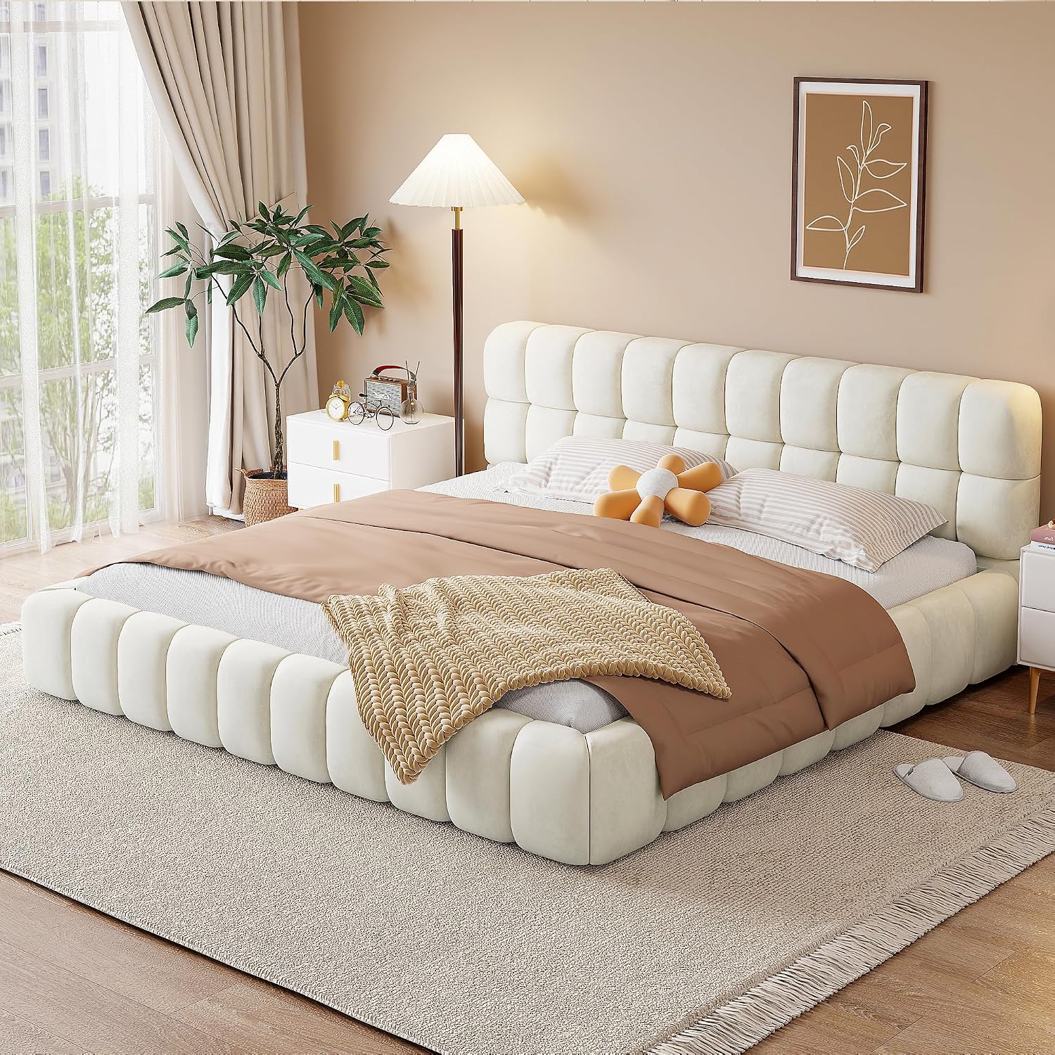 GOWE King Size Upholstered Platform Bed with Thick Fabric, Grounded Bed with Solid Frame, Beige
