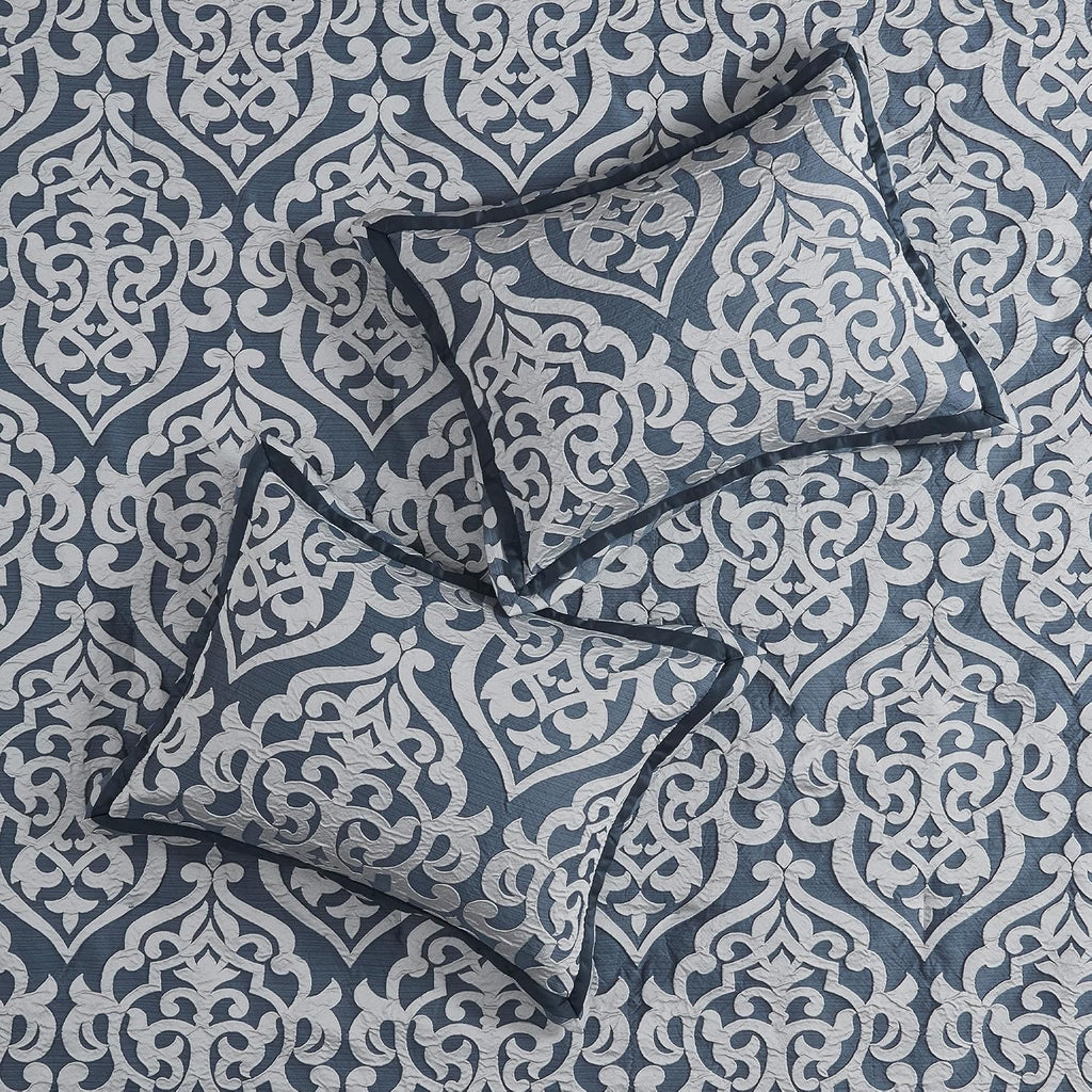 Madison Park Odette Cozy Comforter Set Jacquard Damask Medallion Design - Modern All Season, Down Alternative Bedding, Shams, Decorative Pillows, Cal King(104 in x 92 in), Navy 8 Piece