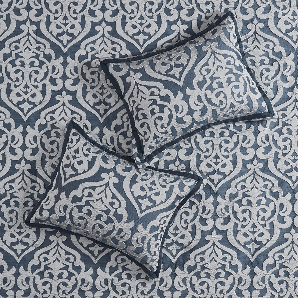 Madison Park Odette Cozy Comforter Set Jacquard Damask Medallion Design - Modern All Season, Down Alternative Bedding, Shams, Decorative Pillows, Queen(90 in x 90 in),Navy 8 Piece