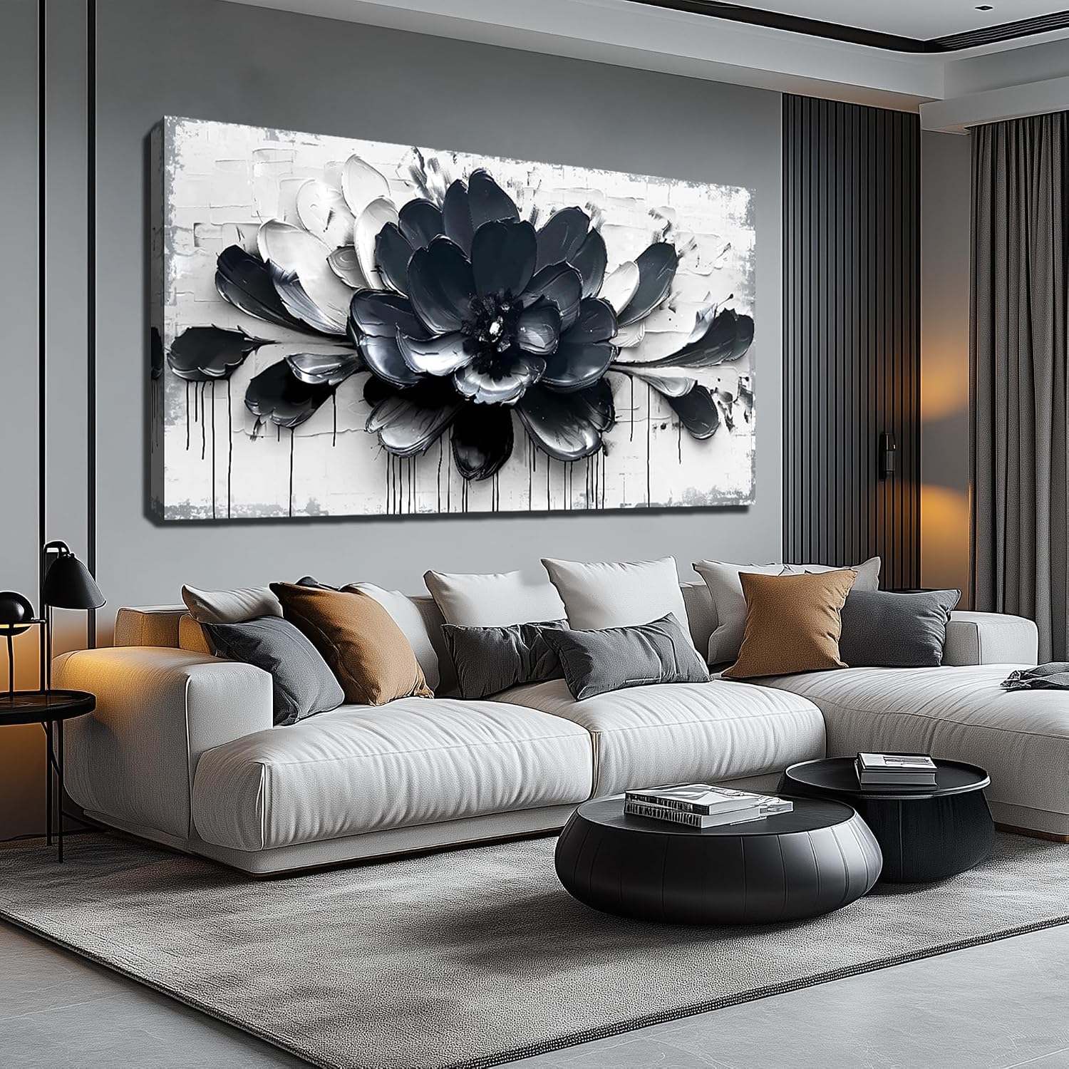 GUGIKA Flower Wall Art for Bedroom, Blue Black and White Canvas Wall-Decor for Lving Room, Floral Picture Print Artwork for Office, Large Size 59 x 29 Inches