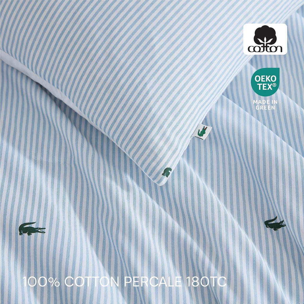Lacoste Pinstripe Croc Comforter Set, 100% Percale Cotton 180TC, Breathable All Season Bedding with Embroidered Crocodile Logo, Blue, King