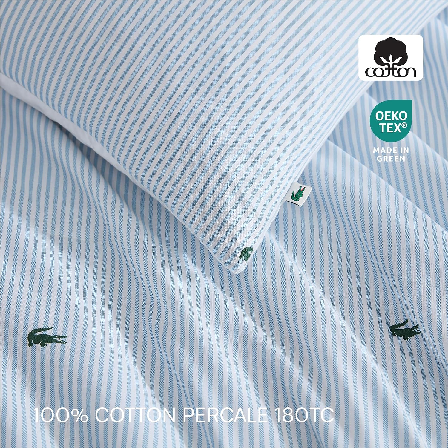 Lacoste Pinstripe Croc Comforter Set, 100% Percale Cotton 180TC, Breathable All Season Bedding with Embroidered Crocodile Logo, Blue, King