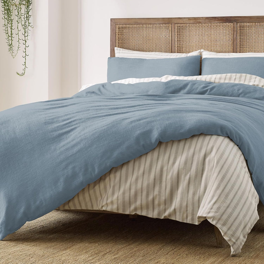 Blue Loom Duvet 100% Cotton Set, 3 Piece, Stone Washed Duvet Set Full/Queen Size 92' x 90' with 2 Matching Pillow Shams, Comforter Not Included, Vivie - Denim Blue