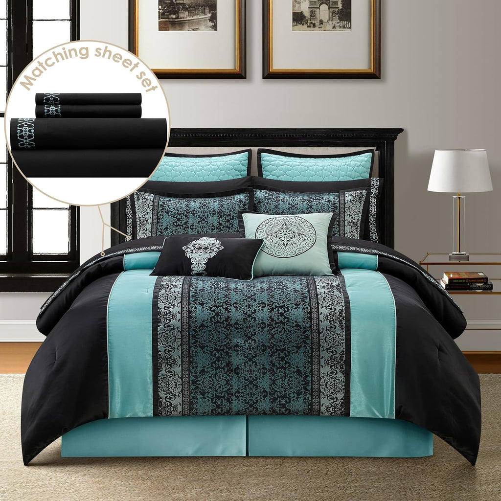 Stratford Park Black & Teal Comforter Set California King Size, Classic Jacquard Bedding Sets, Faux Silk, Premium Microfiber, 12 Pieces Bed in a Bag, Matching Fitted Sheet, Flat Sheet