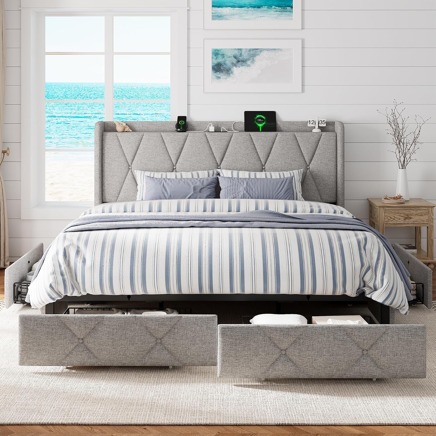 GalnFu King Size Bed Frame with 4 Storage Drawers, Upholstered Platform Bed with Charging Station, Modern Wingback Storage Headboard, Easy Assembly,Noise-Free, Light Gray