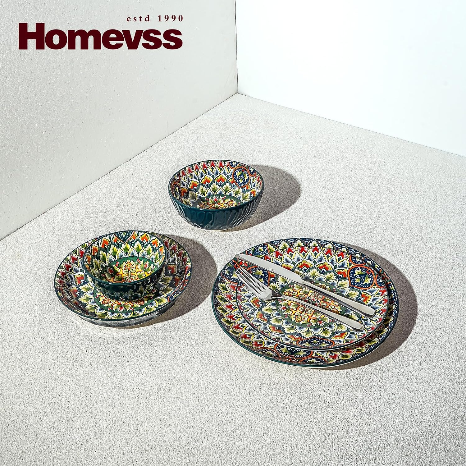 Homevss 20 Pieces Dinnerware Sets, Plates and Bowls Set, Porcelain Dishes Set for 4, Microwave and Dishwasher Safe, Scratch Resistant, Bohemian Style Dining Ware