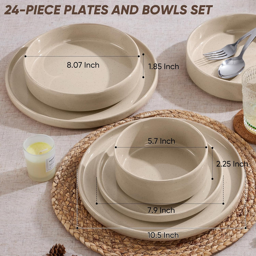E-far Dinnerware Sets with Pasta Bowls, 24-Piece Stoneware Plates and Bowls Sets for 6 | Microwave & Dishwasher Safe Kitchen Modern Dish Set, Speckled Khaki