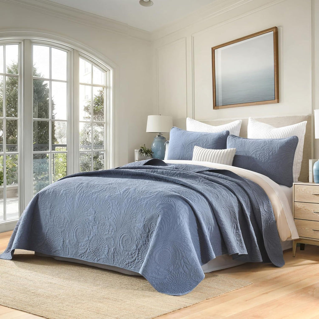 Cotton California King Size Comforter Set，Retro Blue Bedding，Paisley Bedspreads，Soft Cotton Quilt Solid Color (118'*106') with 2 Pillow Shams，Lightweight Bedspread All Seasons 3 Piece