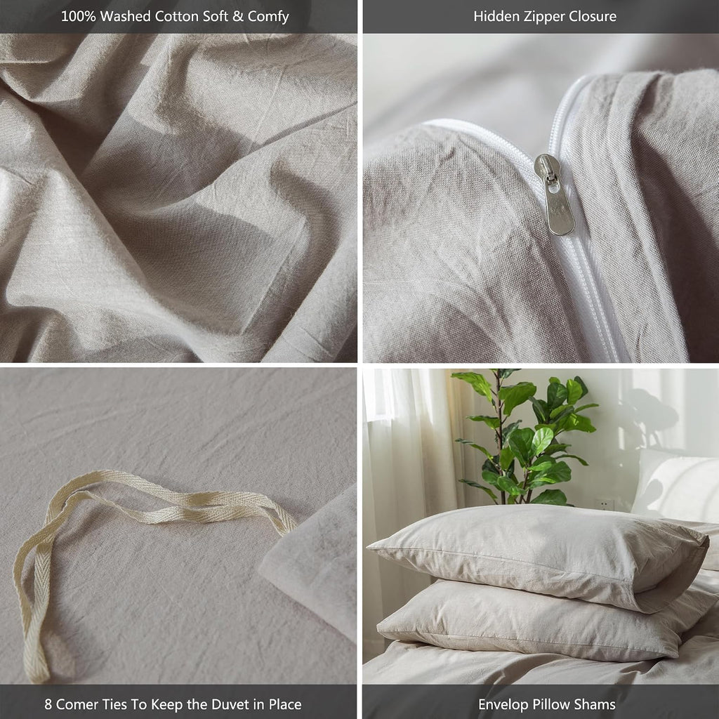 MooMee Bedding Duvet Cover Set 100% Washed Cotton Linen Like Textured Breathable Durable Soft Comfy (Heathered Brownish Grey, Super King Plus 120'x120')