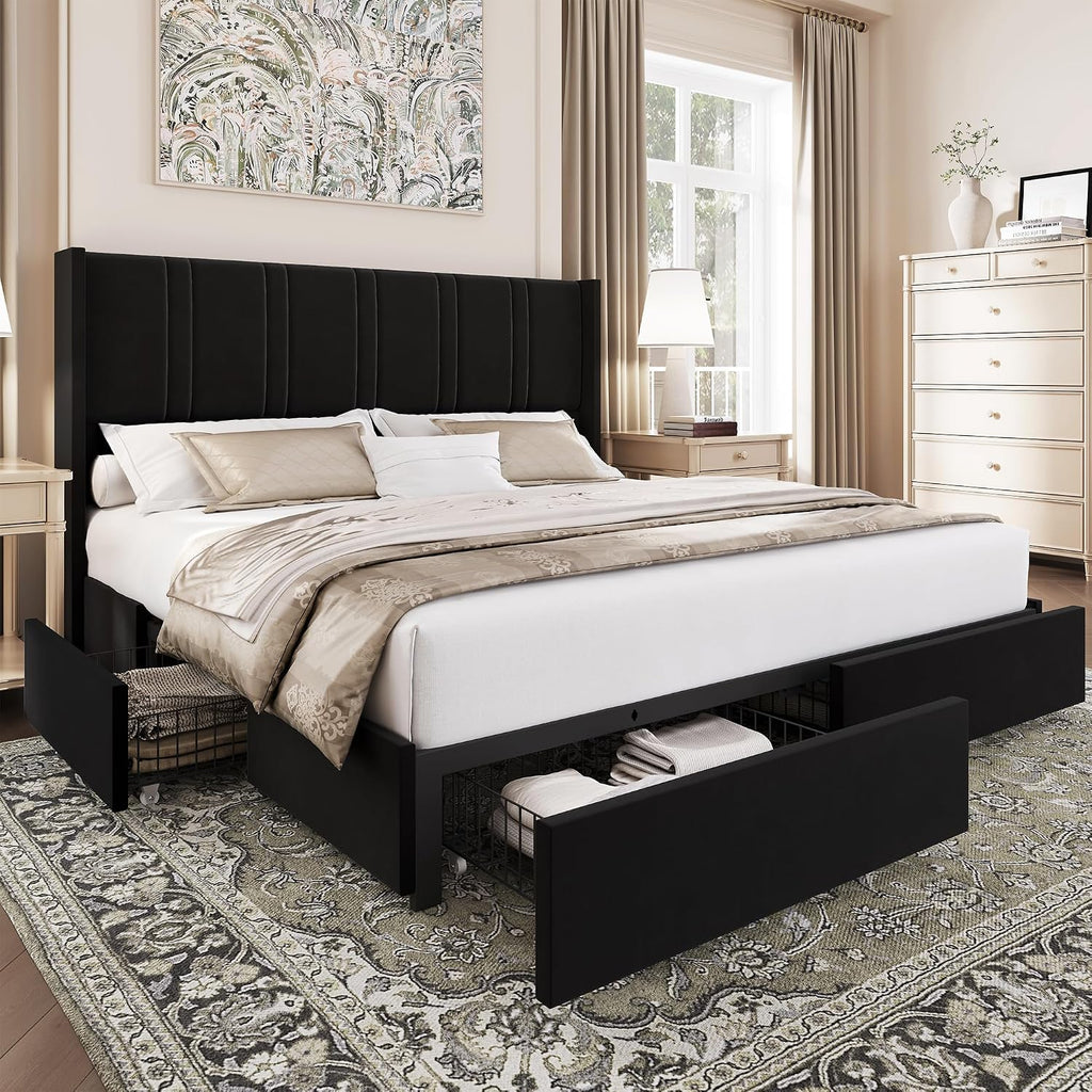 BRELTAM King Size Bed Frame with 4 Storage Drawers Velvet Upholstered Platform Bed with Wingback Headboard, No Box Spring Needed, Easy Assembly, Black