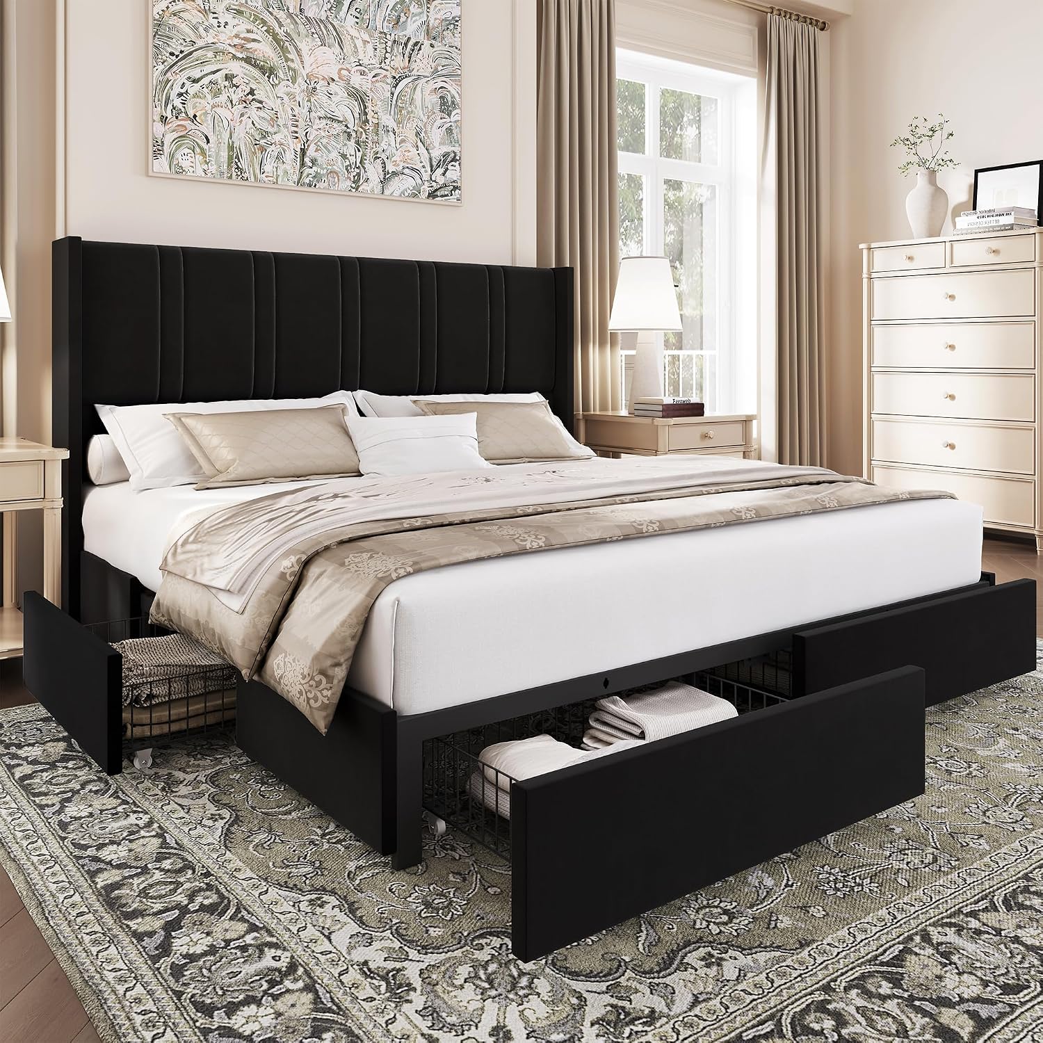 BRELTAM King Size Bed Frame with 4 Storage Drawers Velvet Upholstered Platform Bed with Wingback Headboard, No Box Spring Needed, Easy Assembly, Black