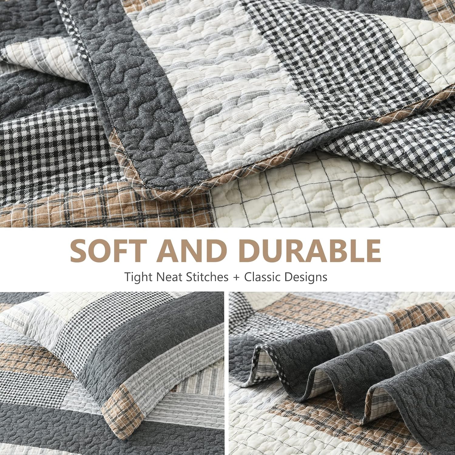 Quilts King Size, King Quilt Bedding Set Bedspread, 100% Cotton Patchwork Quilt for King Bed, 3 Pieces Plaid Farmhouse Reversible Lightweight Comforter Bed Spread, Grey/Tan/Black