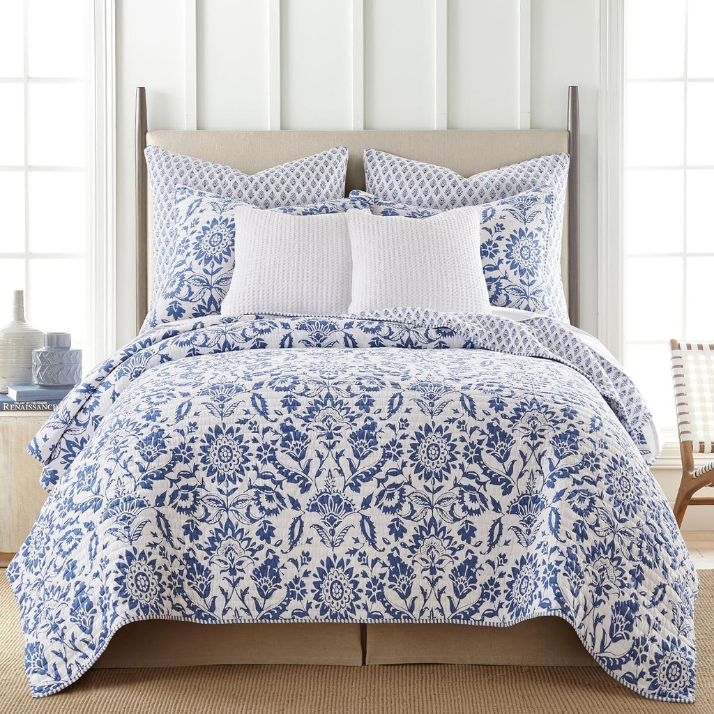 Levtex Home - Clara Blue Quilt Set - King Quilt and Two King Shams - Floral - Blue White - Quilt (106x92in.) and Shams (20x36in.) - Reversible - Cotton