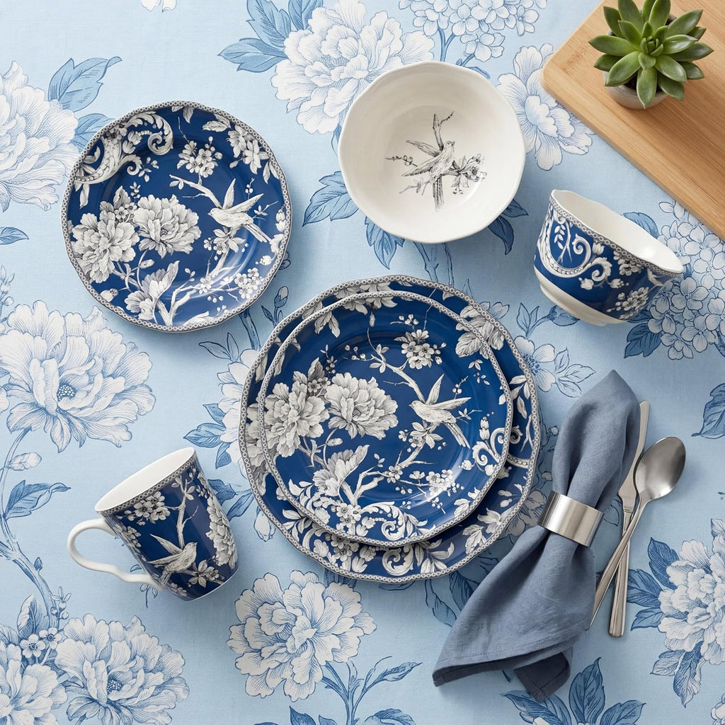 222 Fifth Adelaide 16-Piece Dark Blue Porcelain Dinnerware Set – Service for 4, Plate, Bowl & Mug Set, Bird & Floral Design, Everyday Big Dinner Plates and Bowls Sets, Microwave & Dishwasher Safe