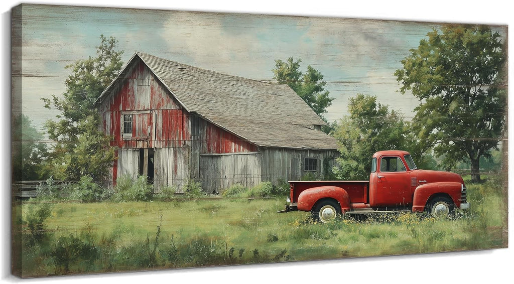 TIMUBA Rustic Farmhouse Truck Wall Art, Spring Farmhouse Canvas Wall Art Country Landscape Painting, Vintage Red Truck and Old Barn Pictures Wall Decor, Green Tree Artwork for Living Room 60x30 Inches
