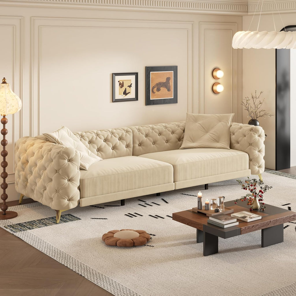 WILLIAMSPACE 97.7' 3-in-1 Convertible Sleeper Sofa Bed, Modern Button Tufted 28.4' Deep Seat Pull Out Couch Bed with Movable Ottoman, Multi-Functional 4-Seater Couch for Living Room, Velvet - Apricot