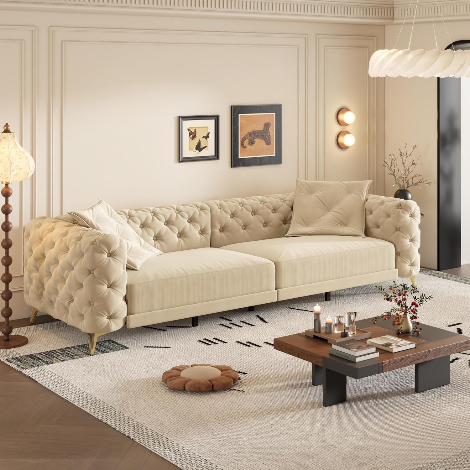 WILLIAMSPACE 97.7' 3-in-1 Convertible Sleeper Sofa Bed, Modern Button Tufted 28.4' Deep Seat Pull Out Couch Bed with Movable Ottoman, Multi-Functional 4-Seater Couch for Living Room, Velvet - Apricot