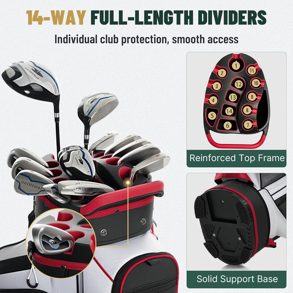 uniHimal Golf Cart Bag with 14-Way Full-Length Dividers, Golf Bag for Men Women with Magnetic Leather Pocket, Handles and Rain Cover, Lightweight Golf Club Bag Includes Cooler Pockets