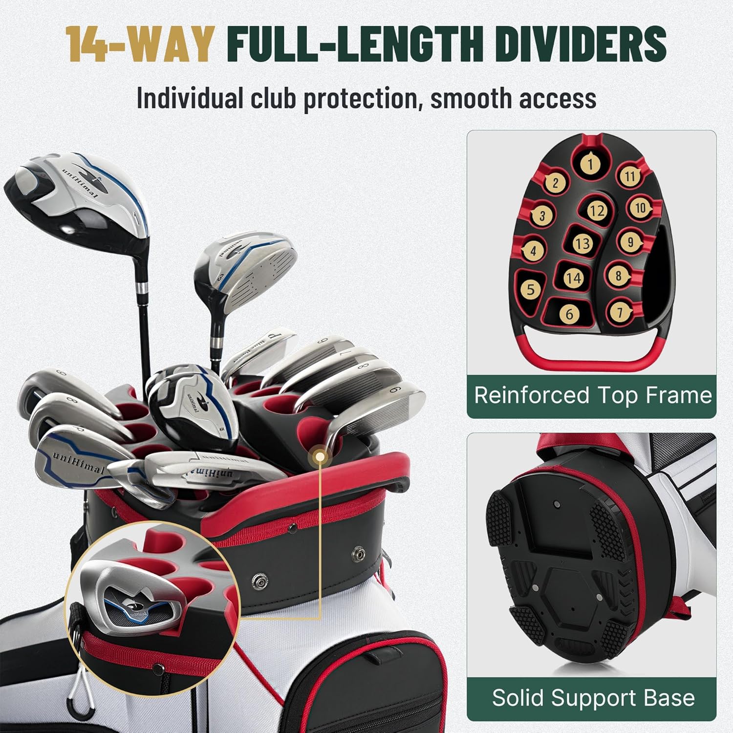 uniHimal Golf Cart Bag with 14-Way Full-Length Dividers, Golf Bag for Men Women with Magnetic Leather Pocket, Handles and Rain Cover, Lightweight Golf Club Bag Includes Cooler Pockets