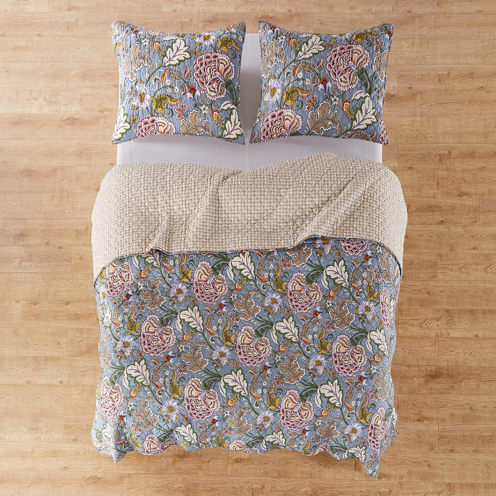 Levtex Home Angelica Reversible Twin Bedspread Set (80x106in) with 1 Pillow Sham (26x20in) - Floral Bedding - Blue Grey, Coral - Cotton Twin Size Bedspread Set - Lightweight, Soft, Pre-Washed