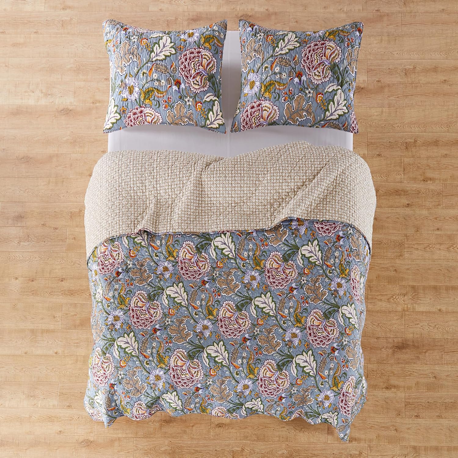 Levtex Home Angelica Reversible Twin Bedspread Set (80x106in) with 1 Pillow Sham (26x20in) - Floral Bedding - Blue Grey, Coral - Cotton Twin Size Bedspread Set - Lightweight, Soft, Pre-Washed