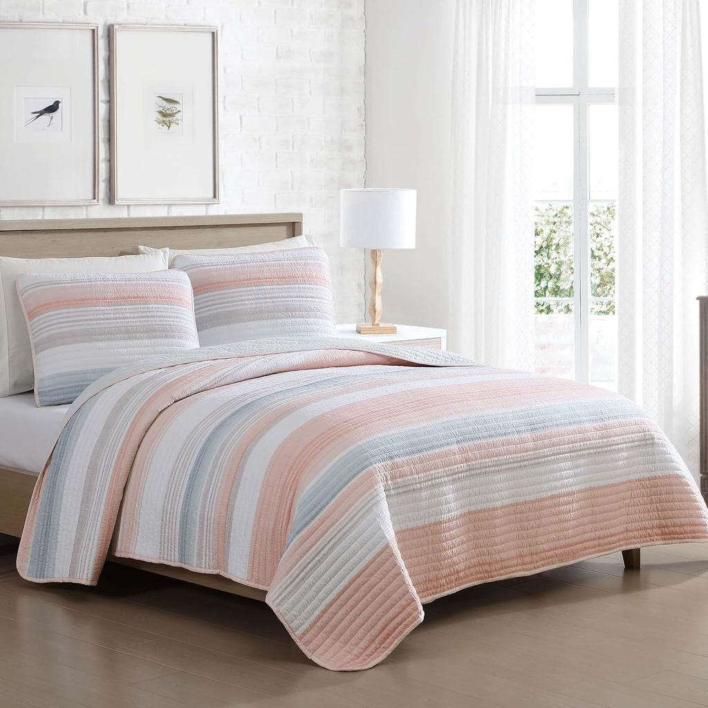 Beatrice Home Fashions Coralinn Striped 3-Piece Quilt Set, Lightweight, All-Seasons, King, Blush