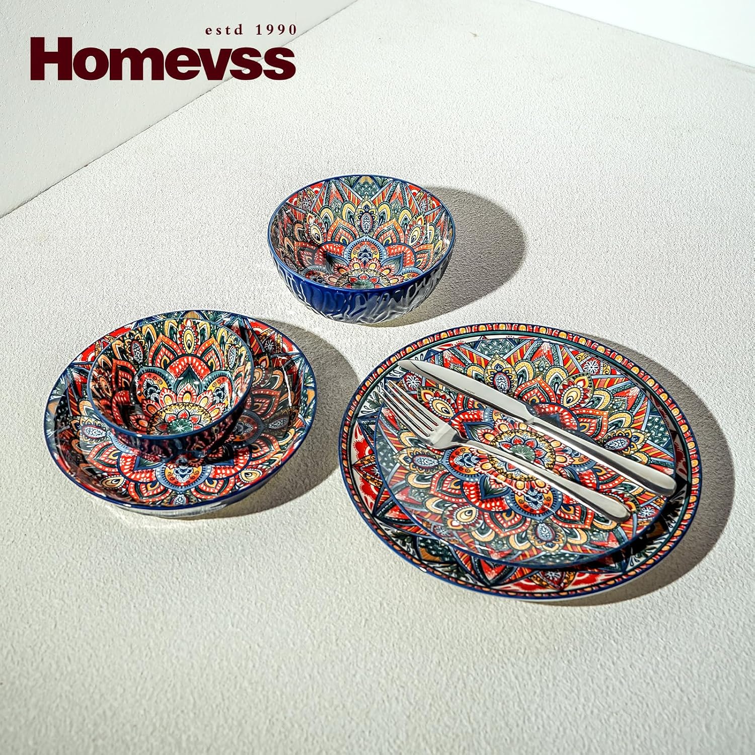 Homevss 20 Pieces Dinnerware Sets, Plates and Bowls Set, Porcelain Dishes Set for 4, Microwave and Dishwasher Safe, Scratch Resistant, Bohemian Style Dining Ware